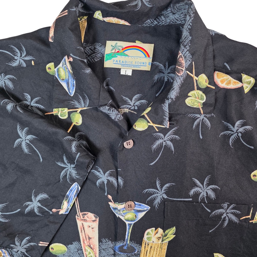 Paradise Found Hawaiian Shirt Mens Large Black Cocktail Silk Aloha Vacation